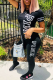 Black Casual Print Patchwork O Neck Short Sleeve Two Pieces