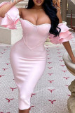 Pink Fashion Sexy Solid Backless Off the Shoulder Strapless Dress