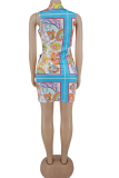 Blue Sexy Print Patchwork V Neck Pencil Skirt Dresses