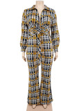 Red Casual Plaid Print Bandage Patchwork Turndown Collar Plus Size Jumpsuits