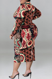 Black Casual Print Patchwork Buckle Turndown Collar One Step Skirt Plus Size Dresses
