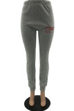 Grey Casual Print Lips Printed Embroidered Regular Mid Waist Pencil Bottoms