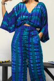 Deep Blue Casual Print Tie Dye Patchwork V Neck Three Quarter Two Pieces