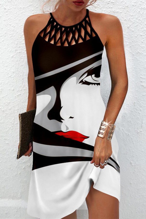 White Fashion Casual Print Hollowed Out O Neck Sleeveless Dress