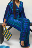 Deep Blue Casual Print Tie Dye Patchwork V Neck Three Quarter Two Pieces