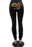 Grey Casual Print Lips Printed Embroidered Regular Mid Waist Pencil Bottoms
