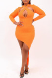 Orange Fashion Sexy Solid Hollowed Out Asymmetrical O Neck Long Sleeve Dresses