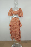 Tangerine Red Fashion Print Polka Dot Patchwork Flounce Fold Asymmetrical Square Collar Half Sleeve Two Pieces