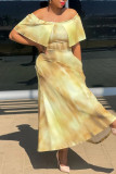 Yellow Fashion Casual Print Tie Dye Patchwork Off the Shoulder Short Sleeve Dress