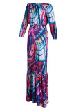 Red Casual Print Patchwork Off the Shoulder Long Sleeve Two Pieces