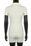 Cream White Casual Solid Patchwork Pocket Zipper Turndown Collar Regular Rompers