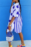 Blue Fashion Casual Striped Dot Print Patchwork Turndown Collar Shirt Dress
