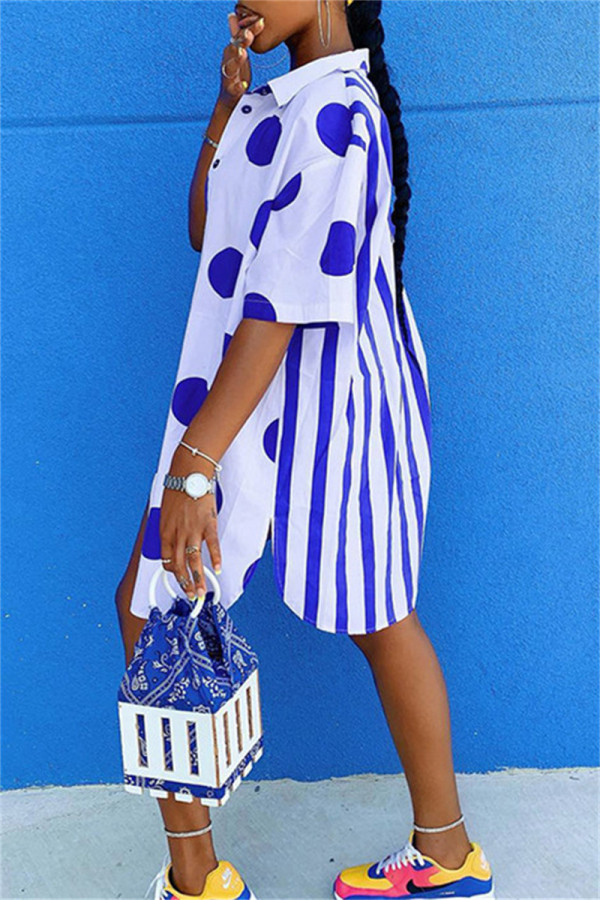 Blue Fashion Casual Striped Dot Print Patchwork Turndown Collar Shirt Dress