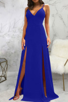 Blue Sexy Solid Patchwork Slit Spaghetti Strap Sling Dress Dresses