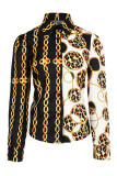 Black Fashion Casual Print Patchwork Turndown Collar Tops