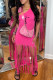 Rose Red Fashion Casual Print Tassel Backless Oblique Collar Sleeveless Dress