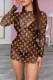 Dark Brown Fashion Sexy Print Letter O Neck One Step Skirt Dresses