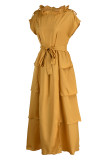 Yellow Fashion Casual Solid Patchwork Half A Turtleneck Sleeveless Dress