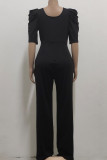 Blue Casual Solid Patchwork V Neck Straight Jumpsuits