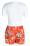 Orange Fashion Casual Print Basic O Neck Short Sleeve Two Pieces