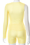 Yellow Sexy Striped Print Patchwork Asymmetrical O Neck Long Sleeve Two Pieces