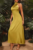 Golden Yellow Fashion Sexy Solid Backless Turtleneck Sleeveless Dress