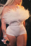 White Sexy Casual Solid Patchwork Feathers Backless Strapless Skinny Romper