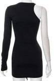 Black Fashion Sexy Solid Hollowed Out Draw String Frenulum O Neck Irregular Dress