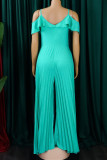 Lake Green Casual Solid Patchwork Flounce Spaghetti Strap Straight Jumpsuits