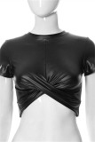 Black Fashion Casual Solid Patchwork O Neck Tops