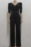 Blue Casual Solid Patchwork V Neck Straight Jumpsuits