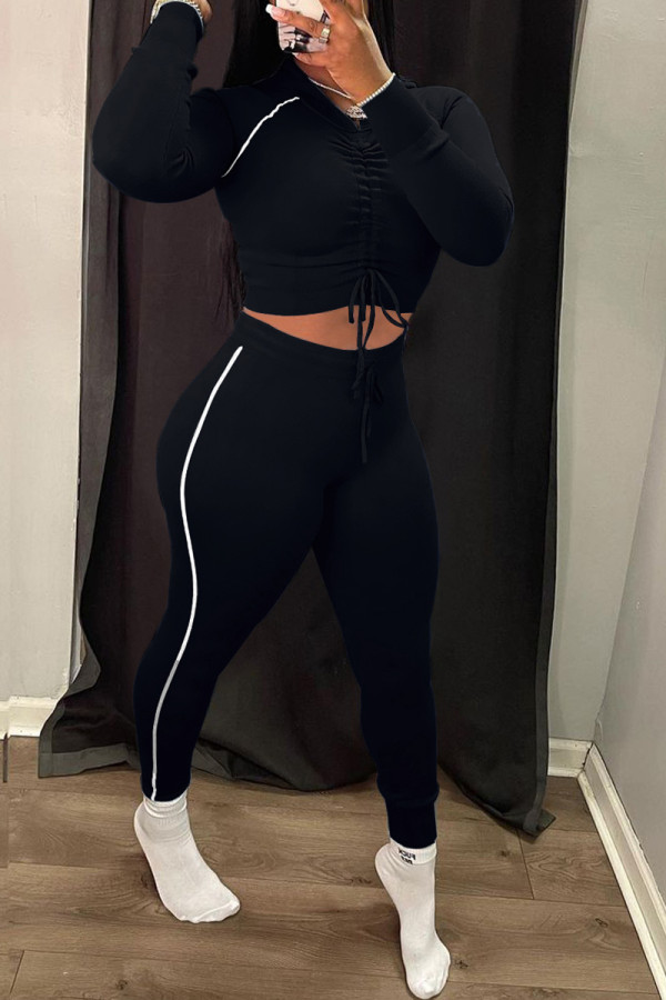 Black Casual Sportswear Solid Draw String Frenulum Hooded Collar Long Sleeve Two Pieces
