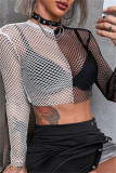 Black White Fashion Sexy Solid Hollowed Out Patchwork See-through O Neck Tops