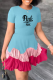 Sky Blue Casual Print Flounce O Neck Cake Skirt Dresses