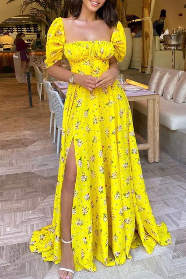 Yellow Fashion Casual Print Slit Square Collar Short Sleeve Dress