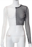 Black White Fashion Sexy Solid Hollowed Out Patchwork See-through O Neck Tops