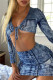 Blue Fashion Sexy Print Bandage V Neck Long Sleeve Two Pieces
