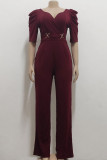 Blue Casual Solid Patchwork V Neck Straight Jumpsuits