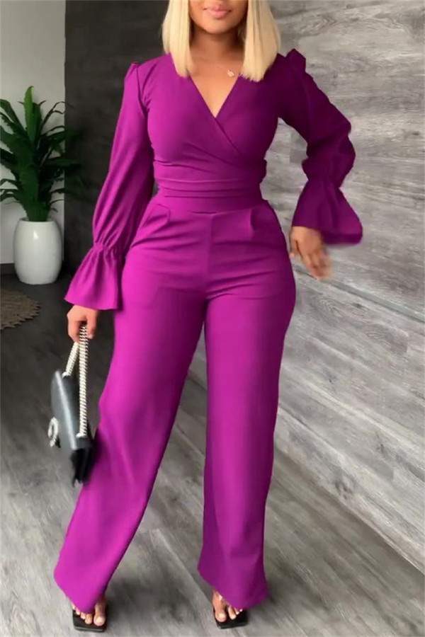 Purple Fashion Casual Solid Patchwork V Neck Long Sleeve Two Pieces