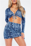 Blue Fashion Sexy Print Bandage V Neck Long Sleeve Two Pieces