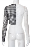 Black White Fashion Sexy Solid Hollowed Out Patchwork See-through O Neck Tops