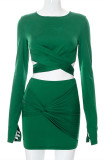 Green Fashion Sexy Solid Bandage O Neck Long Sleeve Two Pieces