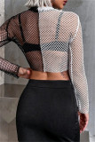 Black White Fashion Sexy Solid Hollowed Out Patchwork See-through O Neck Tops