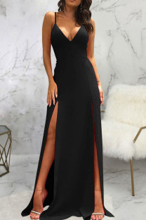 Black Sexy Solid Patchwork Slit Spaghetti Strap Sling Dress Dresses