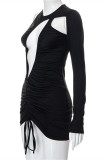 Black Fashion Sexy Solid Hollowed Out Draw String Frenulum O Neck Irregular Dress