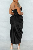 Black Fashion Sexy Solid Patchwork Backless Fold Spaghetti Strap Sleeveless Dress
