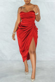 Red Fashion Sexy Solid Patchwork Backless Fold Spaghetti Strap Sleeveless Dress