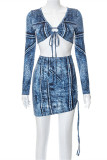 Blue Fashion Sexy Print Bandage V Neck Long Sleeve Two Pieces