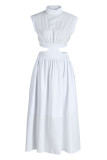 Pink Fashion Casual Solid Hollowed Out Turtleneck Sleeveless Dress