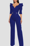 Blue Casual Solid Patchwork V Neck Straight Jumpsuits